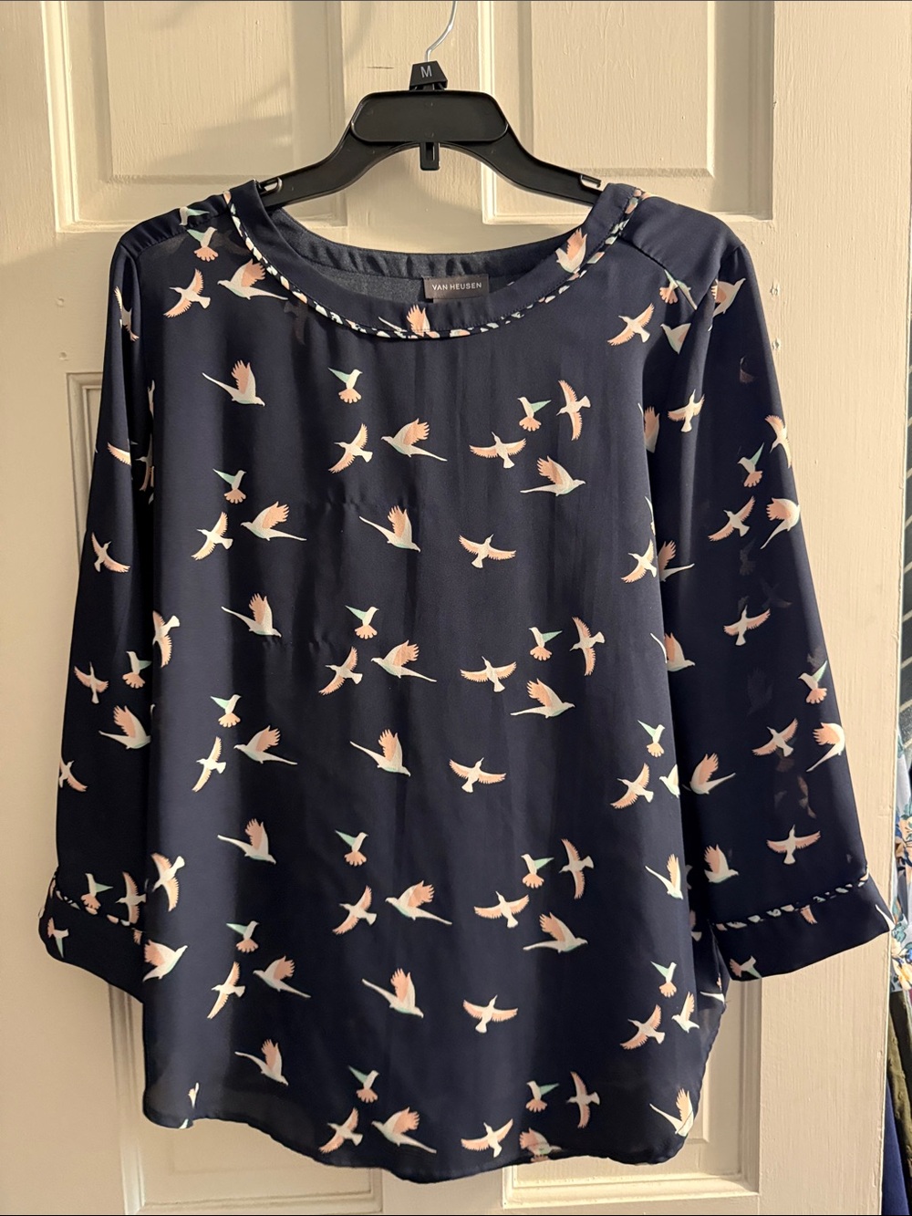 Van Heusen Navy Blouse with Pink and Mint Bird Print